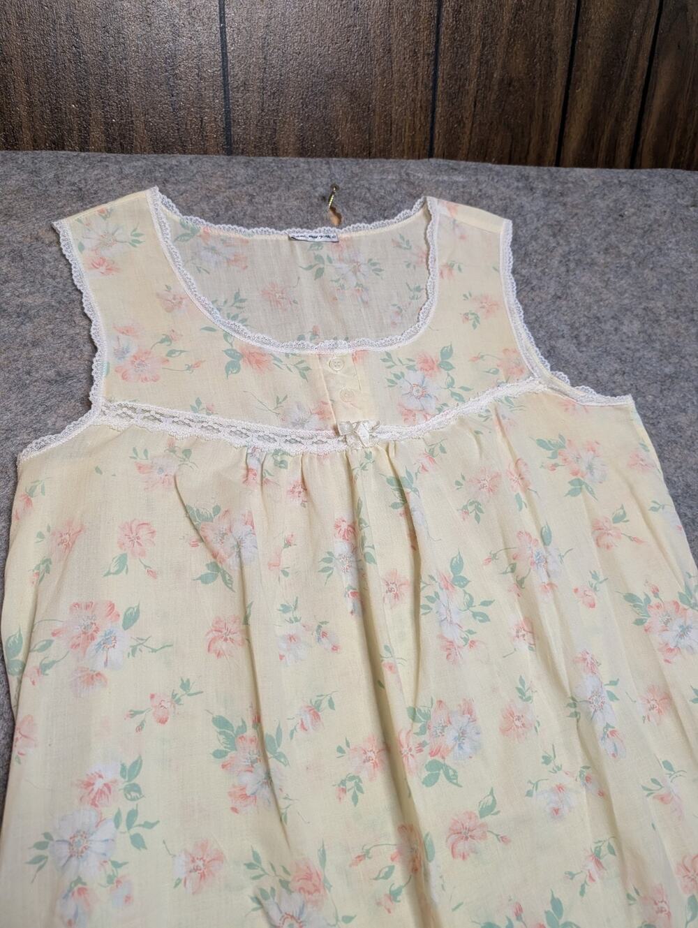 Vtg Anna New York Nightgown Dress Yellow Pink Floral Lace Bow Size M/L? 1980’s